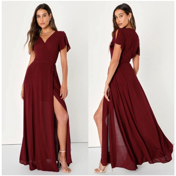 Lulus Dresses & Skirts - Lulus Burgundy Heart of Marigold Wrap Dress Maxi Vneck Size Small NWT
